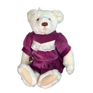 Vintage 1984 Gund Bialosky Bear White Plush Purple Velvet Dress Lace Bow Detail